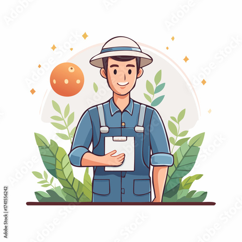 Farmer with clipboard and hat in rural setting