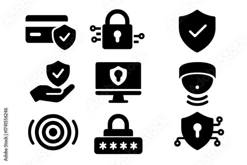 Security icon set with secured payment, data encryption, cyber safety, locked password, insurance protection, sensor detection, cybersecurity shield, and password lock symbols