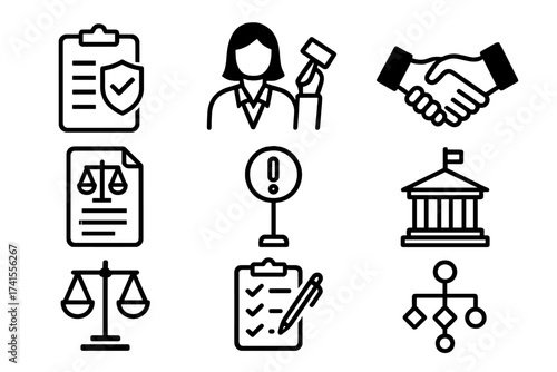 Regulation icons collection including rules, authority, conduct, law, guideline, penalty, government, ethics, compliance, procedure, legal concepts, justice symbols, governance and policy vectors