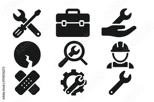 Repair icon set including fix, maintenance, toolbox, assistance, broken item patch, troubleshooting, and repairman service icons, solid vector illustration collection for industrial and technical use