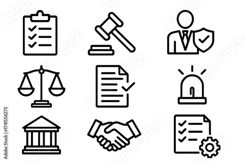 Regulation icon collection with authority, law, compliance, conduct, guidelines, government, ethics, penalty, procedure, legal, governance, policy, and enforcement vector illustration set