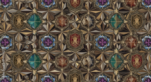 Ornate repeating pattern of shields and geometric shapes