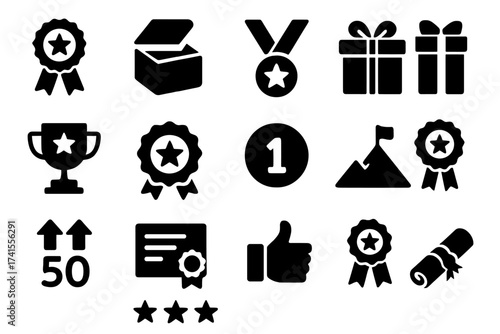 Reward icon set with award, prize, medal, gift, trophy, badge, points, achievement, certificate, ranking, and success symbols. Solid black vector collection for achievements and recognition