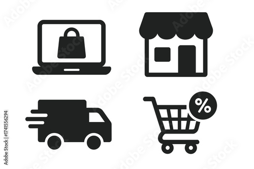 Shopping icon set with online shopping, store, delivery truck, promotion discount, and shopping cart symbols. Solid vector icons collection for ecommerce, retail, and marketing concepts