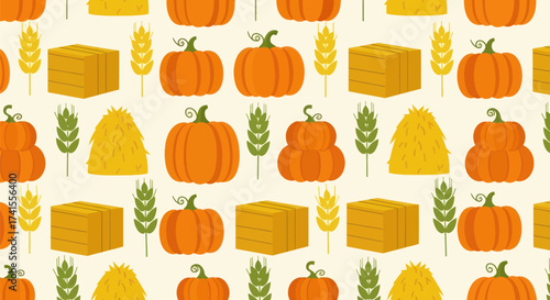 Repeating pumpkins, hay bales, and wheat on beige