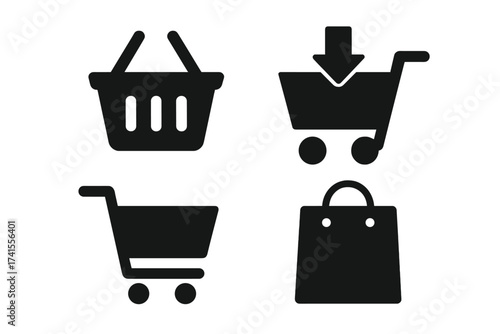 Shopping cart and bag icon set, retail basket, checkout, purchase, e-commerce and online shopping symbols, store cart, buying and market icons, solid vector collection