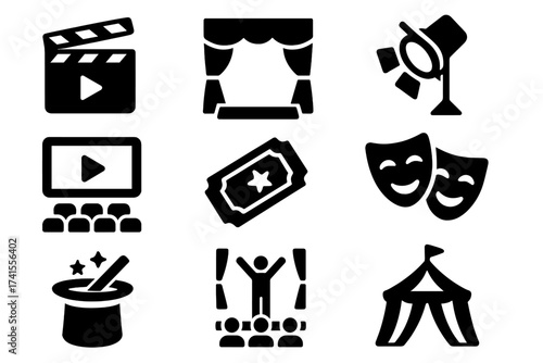 Entertainment icon set with stage, spotlight, cinema, movie ticket, theater masks, magician hat, concert, event, and circus tent. Solid vector collection of show and performance symbols.