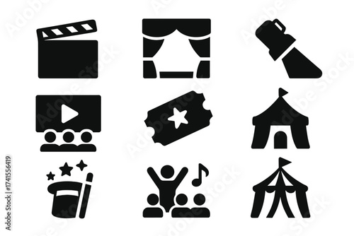 Entertainment Show Icon Set. Theatre Stage, Spotlight, Cinema, Movie Ticket, Magician's Magic Wand Hat, Concert Crowd, Circus Tent, Live Event Symbols, Solid Vector Collection
