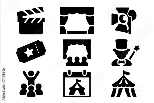 Entertainment show icon set featuring stage, spotlight, cinema, ticket, theater, magician, concert, event, circus tent, audience, performer, and calendar symbols for entertainment design