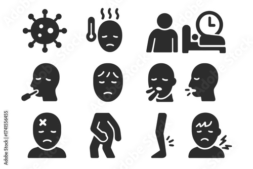 Sickness and Illness Icon Set. Disease, Fever, Patient, Infection, Symptoms, Injury, Pain, Cough, Weakness, Medical Condition, Health Issues, Vector Solid Icons Collection