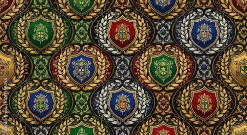 Ornate shield pattern in red, green, blue, and gold, with leaves and crests