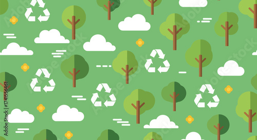 Flat-style eco-pattern of trees, recycling icons, clouds, and flowers on a green background