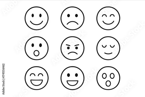Line art smiley icon set with emoji expressions including happy, sad, smiling, surprised, angry, relaxed, confused, laughing, excited, shocked faces, emoticon collection