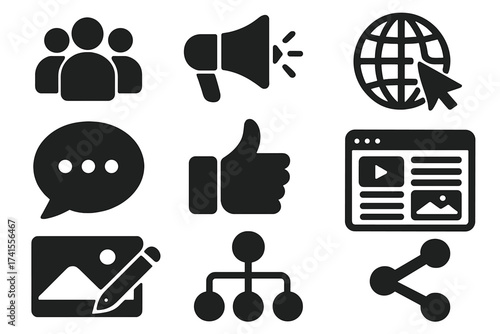 Social media icon set with online community, digital marketing, website, blog, content creation, business promotion, social network, communication, and sharing vector symbols