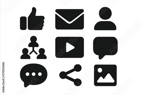 Social Media Icon Set, Like Button, Message Envelope, User Profile, Social Network, Video Play, Comments, Sharing, Media, Solid Vector Collection, Modern Digital Communication Symbols