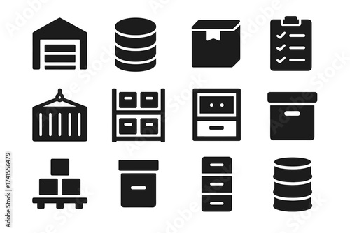 Warehouse storage icon set including database, box, inventory, container, shelf, archive, pallet and filing cabinet vector solid icons collection for logistics and organization