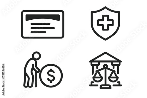 Social security benefits icon set including social security card, health insurance, pension fund, and legal protection symbols, vector illustration for finance and government services