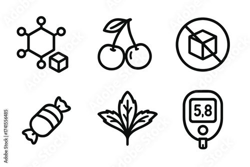 Sugar and Sweeteners Icon Set with Glucose Molecule, Fructose, Stevia Leaves, Sugar-Free Symbol, Candy, and Glucometer Vector Illustration with Transparent Background, Healthy Nutrition Concept