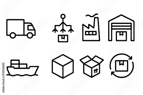 Supply chain icon set with delivery truck, distribution network, factory, warehouse, shipping cargo ship, product boxes and logistics industry vector line illustrations