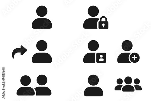 User account icon set, profile, password lock, login, username, avatar, add friend, connect, group, social network, user interface vector icons, solid style collection
