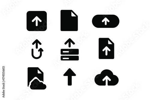 Upload icon set with file upload, button, transfer, server, document, arrow up, cloud upload, data transfer, internet, network, storage, button press, solid vector icons collection