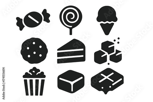 Sweets and Desserts Icon Set, Candy, Lollipop, Ice Cream, Cookie, Cake, Sugar Cubes, Popcorn, Caramel, Chocolate, Vector Solid Icons Collection