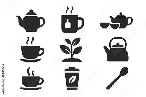 Tea icon set with teapots, teacups, green tea plant, kettle, tea bag cup, teaspoon, hot tea, and takeaway cup. Solid vector icons collection for tea lovers and beverage design