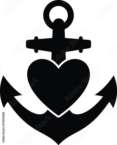 Black silhouette of a heart inside an anchor isolated on white background