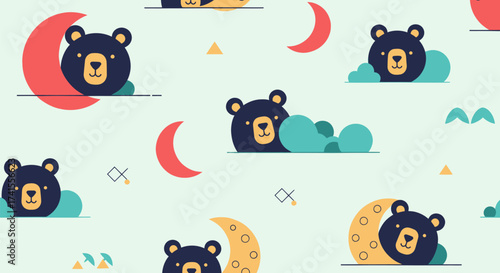 Patterned background featuring bears, crescent moons, clouds, and geometric shapes on a light blue background