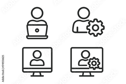 User administrator and system settings icons set, person with laptop and gear symbol, vector illustration of user profile and admin control on computer screens, transparent background