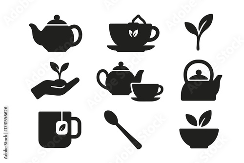 Tea icon set with teapot, teacup, green tea leaves, cultivation hand, kettle, teaspoon, and bowl. Solid vector collection for tea lovers, herbal drinks, organic tea, brewing and serving concepts.