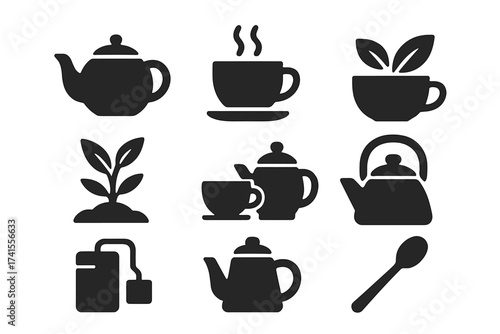 Tea icon set including teapot, teacup, green tea leaves, tea cultivation plant, tea kettle, teaspoon, tea bag, and tea set silhouette collection. Solid black vector design.