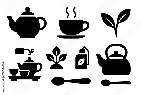 Tea icon set with teapot, teacup, kettle, green tea leaves, cultivation symbols, tea bags, teaspoons, and traditional tea set collection. Solid vector icons for tea culture and brewing.
