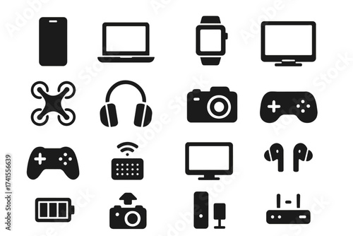 Tech Gadgets Icon Set with Smartphone, Laptop, Tablet, Smartwatch, Drone, Headphones, Digital Camera, Smart TV, Gaming Console, Battery, Keyboard, Router, and More Solid Vector Icons