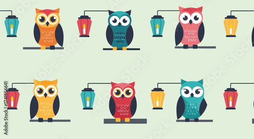 Colorful owl pattern stylized owls perch beside lit lanterns