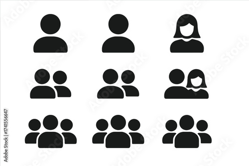 User icon vector set with profile and people silhouette collection, black simple avatars with transparent background, individual and group users, male and female symbols, social network concept