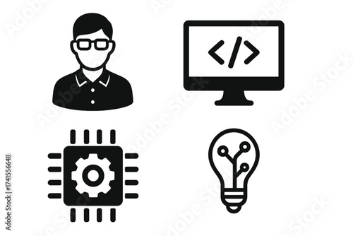 Technology development icon set with developer profile, coding screen, microchip gear, and digital light bulb innovation symbols isolated on white background, vector illustration