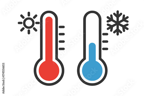 Hot and cold thermometer vector icons, summer and winter temperature symbols, weather concept design with sun and snowflake, isolated transparent background illustration, climate indicators