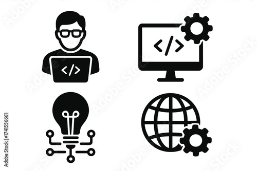Technology development icon set with developer coding symbol, computer screen with coding and gear, innovative light bulb circuit, and globe with gear for global technology and software solutions