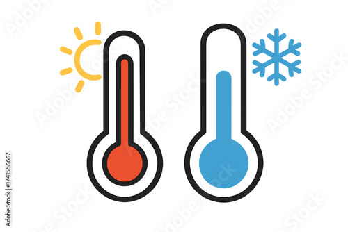 Hot and Cold Thermometer Vector Icon Set, Summer and Winter Temperature Concept, Weather Symbols, Sun and Snowflake Illustration, Transparent Background Design