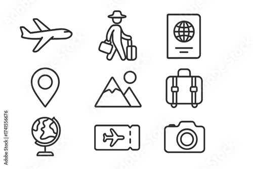 Travel icon outline set with airplane, tourism, passport, navigation, holiday, suitcase, trip ticket, globe, mountain, and camera vector line icons collection for travel and vacation