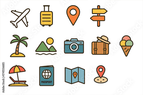 Travel icon set summer vacations holiday symbols collection. Vector illustrations with airplane, suitcase, location pins, palm tree, camera, beach, passport, map, ice cream, and directional signs