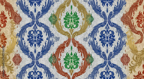 Colorful ornate damask pattern with blue, brown, green, & gold floral accents