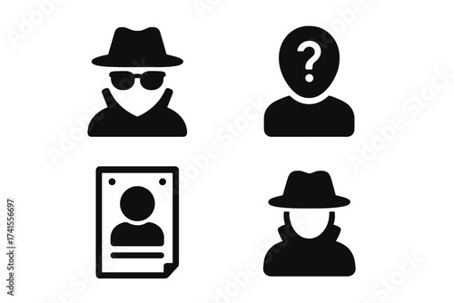 Set of Unknown Icons Including Incognito Spy, Missing Person Silhouette, Wanted Poster, and Lost Anonymous Figures in Solid Black Vector Illustration with Transparent Background