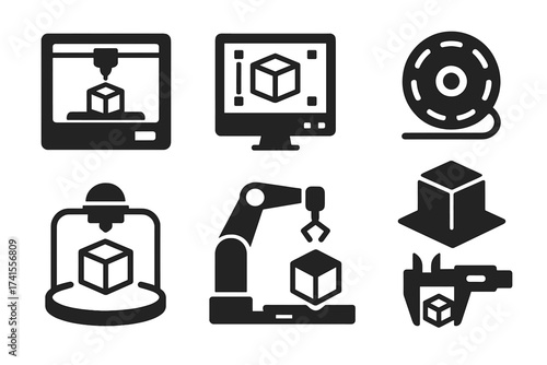 3D printing vector icon set. Solid glyphs collection of additive manufacturing, 3D printer, CAD modeling, filament, 3D scanner, rapid prototype, and industrial automation.