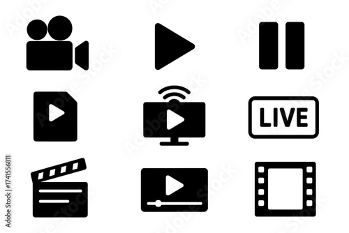 Video icon set with camera, play, pause, media player, online streaming, live broadcast, production clapperboard, movie and cinema symbols, solid vector collection illustration