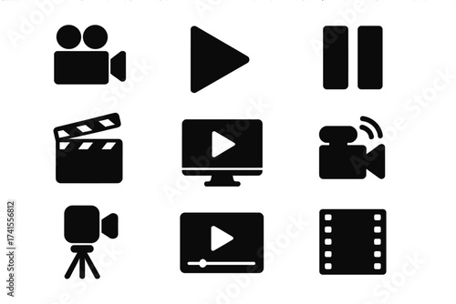 Video icon set with camera, play, pause, media player, online video, live streaming, production, movie, cinema, digital media controls, solid black vector collection for multimedia and entertainment