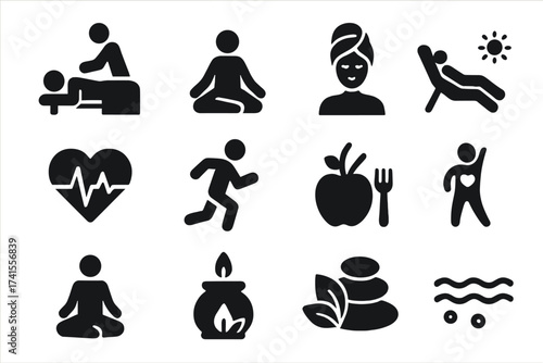 Wellness icon set including massage, yoga, spa, relaxation, health monitoring, exercise, diet, wellbeing, meditation, aromatherapy, natural therapy, fitness, and holistic care vector collection