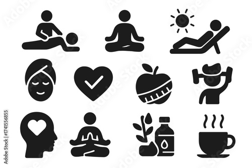 Wellness icon set with massage, yoga, spa, relaxation, health, exercise, diet, wellbeing, meditation, aromatherapy, fitness, self-care, and holistic healing solid vector collection