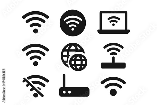 Wifi icon set with wireless signal, internet connection, online and offline status, computer hotspot, wifi router, network and connectivity vector solid icons collection